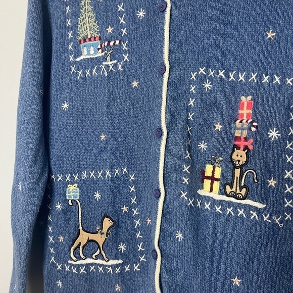 Christopher & Banks Cat Christmas Hand Embroidered Knit Winter Cardigan Large - Picture 3 of 8